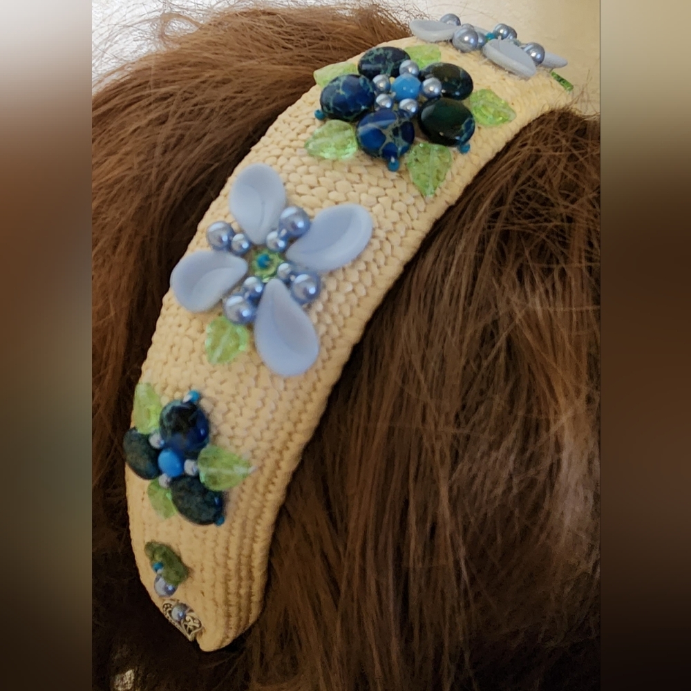 Handbeaded Blue Straw Rattan Headband One of a Kind